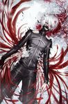  avodkabottle black_jacket black_nails black_pants blood claws commentary face_mask flower gloves hair_between_eyes heterochromia highres jacket kaneki_ken long_sleeves looking_at_viewer lying male_focus mask nail_polish on_back pants red_sclera single_glove solo tokyo_ghoul torn_clothes white_hair yellow_eyes 