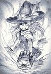  ;d bow braid broom dress dust_cloud greyscale hair_bow hat hat_bow highres kirisame_marisa long_hair mini-hakkero monochrome one_eye_closed open_mouth puffy_short_sleeves puffy_sleeves shiromanta short_sleeves single_braid smile touhou witch_hat 