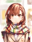  blazer brown_eyes brown_hair flower hair_flower hair_ornament hairclip jacket misaka_mikoto multicolored multicolored_clothes multicolored_scarf parted_lips raika9 scarf school_uniform short_hair signature solo to_aru_kagaku_no_railgun to_aru_majutsu_no_index tokiwadai_school_uniform twitter_username upper_body 