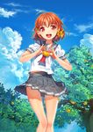  blus hsmile love_live!_sunshine!! orange_hair red_eyes seifuku short_hair skirt sky takami_chika 