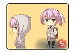  artist_name backpack bag blue_eyes chibi commentary_request expressions grey_hoodie grey_jacket hands_in_pockets hood hooded_jacket hoodie jacket kantai_collection leggings multiple_views pink_hair ponytail shiranui_(kantai_collection) short_hair short_ponytail simple_background taisa_(kari) yellow_background 