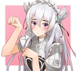  :/ blush border chaika_trabant clenched_hands closed_mouth commentary_request eyebrows_visible_through_hair grey_hair hair_between_eyes hairband hechi_(hechi322) hitsugi_no_chaika lolita_hairband long_hair looking_at_viewer outside_border paw_pose puffy_short_sleeves puffy_sleeves purple_eyes short_sleeves solo thick_eyebrows upper_body 