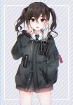  1girl absurdres backpack bag bangs black_eyes black_hair black_jacket black_skirt buttons collared_shirt commentary_request cowboy_shot drawstring eyebrows_visible_through_hair green_neckwear grey_background hair_between_eyes hand_in_pocket hand_up highres hood hooded_jacket idolmaster idolmaster_cinderella_girls jacket legs_apart long_hair long_sleeves looking_at_viewer miniskirt mole mole_under_eye necktie parted_lips pleated_skirt school_uniform sharp_teeth shirt sidelocks skirt sleeves_past_wrists solo standing striped striped_background striped_neckwear sunazuka_akira surgical_mask teeth thighs twintails wakatsuki_you wavy_hair white_shirt 