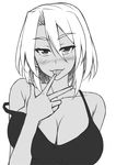  blush breasts camisole cleavage collarbone dark_skin finger_licking furi2play! greyscale half-closed_eyes large_breasts licking monochrome naughty_face peach_(momozen) rozaline_(furi2play) solo strap_slip tongue tongue_out upper_body 