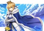  ahoge armor armored_dress artoria_pendragon_(all) bangs blonde_hair blue_cape blue_sky caliburn cape closed_mouth cloud cloudy_sky cowboy_shot crown day fate/stay_night fate_(series) fur_trim gauntlets green_eyes hair_ribbon hiroki_(hirokiart) holding holding_sword holding_weapon looking_at_viewer ribbon saber short_hair sky smile solo sword weapon 