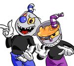  2017 4_fingers alternate_color animate_inanimate big_nose biped bite_mark black_body black_eyes blue_bottomwear blue_clothing blue_nose blue_stripes claws clothed clothing corruption cup cuphead_(character) cuphead_(game) digital_drawing_(artwork) digital_media_(artwork) duo evil_grin finger_gun fluffylulusan foreshortening front_view gloves grey_body half-length_portrait humanoid liquid looking_at_viewer male mismatched_pupils mugman multicolored_eyes not_furry object_head open_mouth open_smile pants pink_eyes pointing portrait pose purple_bottomwear purple_clothing purple_nose purple_stripes raised_eyebrow sharp_teeth simple_background smile spiral_eyes standing straw stripes teeth topless two_tone_body white_background yellow_eyes yellow_sclera 