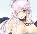  ass asymmetrical_bangs azur_lane bangs belfast_(azur_lane) blush braid breast_press breasts chain collar collarbone commentary_request eyebrows_visible_through_hair gloves large_breasts lavender_hair long_hair looking_at_viewer lying on_stomach purple_hair saliva saliva_trail smile solo takara_akihito tsurime white_gloves 