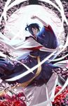  avodkabottle bangs blue_eyes blue_hair cherry_blossoms closed_mouth commentary full_moon hair_between_eyes hand_up highres holding holding_sword holding_weapon japanese_clothes kimono long_sleeves looking_at_viewer male_focus moon night noragami ponytail smile solo sword weapon wide_sleeves yato_(noragami) 