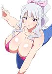  artist_name ass bikini blush bow breasts cleavage denim flower foreshortening hair_flower hair_ornament hairband huge_breasts idolmaster idolmaster_(classic) jabara_tornado jeans long_hair looking_at_viewer micro_bikini open_mouth pants pink_eyes purple_eyes ribbon shijou_takane shiny shiny_hair shiny_skin silver_hair simple_background skindentation solo swimsuit training white_background 