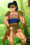  1boy black_hair blue_eyes blush foreskin grin inuyasha kouga male_focus muscle nature outdoors penis ponytail sex_demon_ghost solo testicles 