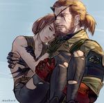  1girl absurdres brown_hair carrying eyepatch fingerless_gloves gloves highres horn maohard mechanical_arm metal_gear_(series) metal_gear_solid_v pantyhose ponytail princess_carry quiet_(metal_gear) scar smile torn_clothes torn_legwear venom_snake 