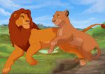  2014 4_toes anniehyena_(artist) canon_couple collaboration detailed_background digital_media_(artwork) disney duo feline female feral jazzlioness jumping lion looking_back male mammal mane mufasa outside romantic romantic_couple running sarabi smile tail_tuft the_lion_king toes tuft 