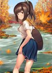  alternate_costume autumn autumn_leaves bag blue_skirt brown_eyes brown_hair day falling_leaves i-401_(kantai_collection) ichikawa_feesu kantai_collection leaf light_smile looking_at_viewer maple_leaf orange_sailor_collar outdoors pleated_skirt ponytail river sailor_collar school_uniform serafuku short_hair short_sleeves skirt solo tree 