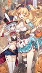  5girls ;d alice_(wonderland) alice_(wonderland)_(cosplay) alice_in_wonderland animal_ears anne_bonny_(fate/grand_order) arm_around_back asymmetrical_legwear banner blonde_hair blue_eyes bow bowtie breasts bunny_ears camera candy chocoan cleavage club_(shape) coattails confetti corset cosplay diamond_(shape) dress edward_teach_(fate/grand_order) facial_scar fake_animal_ears fate/grand_order fate_(series) food gloves hair_bow half_gloves hand_on_headwear hat hat_with_ears heart jack-o'-lantern jack_the_ripper_(fate/apocrypha) jeanne_d'arc_(fate)_(all) jeanne_d'arc_alter_santa_lily large_breasts lollipop long_hair mary_read_(fate/grand_order) midriff mouth_hold multiple_girls navel nursery_rhyme_(fate/extra) off-shoulder_dress off_shoulder official_art one_eye_closed open_mouth playing_card_theme red_eyes ribbon scar short_hair short_shorts shorts smile spade_(shape) striped striped_legwear swirl_lollipop thighhighs top_hat two_side_up very_long_hair white_hair white_legwear white_rabbit white_rabbit_(cosplay) wrist_cuffs 