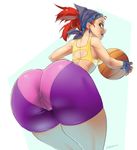  ass bandana basketball bike_shorts from_behind goggles goggles_on_head guppi leaning_forward looking_at_viewer looking_back red_hair short_twintails smile solo sports_bra sportswear stormcow twintails xtreme_sports 