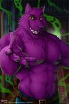  2017 7theaven abs anthro belt bernard_(ok_k.o.!_lbh) biceps big_muscles canine cartoon_network clothed clothing fur male mammal muscular nipples ok_k.o.!_let&#039;s_be_heroes open_shirt pants pecs purple_fur shirt solo teeth topless tuft were werewolf 