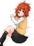  bangs bed_sheet black_legwear black_skirt blue_eyes blush brown_hair closed_mouth commentary_request from_above hair_ribbon high_ponytail kneehighs koshigaya_natsumi light_smile long_hair long_sleeves looking_at_viewer looking_to_the_side lying no_shoes non_non_biyori on_side pleated_skirt ribbon shika_(s1ka) shirt skirt solo sweater_vest white_ribbon white_shirt 