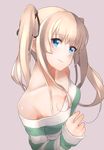  bare_shoulders blonde_hair blue_eyes blush breasts brown_ribbon closed_mouth collarbone eyebrows_visible_through_hair from_above from_side hair_ribbon hechi_(hechi322) long_hair ribbon saenai_heroine_no_sodatekata sawamura_spencer_eriri shirt sleeves_past_wrists small_breasts solo striped striped_shirt twintails upper_body wavy_mouth 
