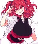  bianco_(mapolo) blush breasts commentary grin japanese_clothes kimono kimono_skirt large_breasts looking_at_viewer obi onozuka_komachi red_eyes red_hair salute sash sharp_teeth short_hair smile solo teeth touhou two_side_up 