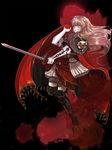  armor black_background blonde_hair cape earrings fire_emblem fire_emblem:_seisen_no_keifu floral_background flower full_body gloves high_heels highres holding holding_sword holding_weapon jewelry lachesis_(fire_emblem) long_hair rose skirt solo standing standing_on_one_leg sword tempe weapon 