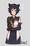  animal_ears asymmetrical_sleeves black_hair cat_ears chuu commentary eyebrows_visible_through_hair kali_belladonna mature rwby smile yellow_eyes 