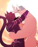  2017 anthro baker_(kokuhane) biceps big_muscles canine cat dog facial_hair feline fur hat kissing kokuhane male male/male mammal muscular muscular_male nude pecs simple_background 