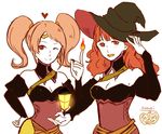  celica_(fire_emblem) fire_emblem fire_emblem_echoes:_mou_hitori_no_eiyuuou fire_emblem_gaiden fire_emblem_heroes grin halloween halloween_costume hat lantern long_hair looking_at_viewer mae_(fire_emblem) multiple_girls pink_hair red_hair signature simple_background smile twintails wavy_hair witch witch_hat 