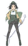  alternate_costume animal_ears aohashi_ame bandaid bandaid_on_face black_eyes black_footwear black_hair black_legwear brave_witches crotch_seam dog_ears dog_tail garrison_cap hand_on_hip hat idol jacket kanno_naoe looking_at_viewer pantyhose ribbon shoes simple_background solo standing tail thighband_pantyhose upskirt world_witches_series 