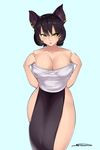  2017 absurd_res animal_humanoid big_breasts black_hair breasts cat cat_humanoid clothed clothing ear_piercing faunus feline female hair hi_res huge_breasts humanoid kali_belladonna mammal mature_female mother parent piercing rwby shonomi simple_background solo undressing yellow_eyes 