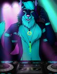  anonymous_artist anthro blue_eyes blue_fur blue_hair canine claws detailed_background dj fangs fur glowstick hair happy headphones jewelry jolt male mammal necklace wolf 