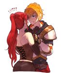  1boy 1girl bangs bare_shoulders belt_pouch black_gloves blonde_hair blue_eyes blush breastplate chuu commentary confused cross-laced_clothes elbow_gloves face-to-face gauntlets gloves high_ponytail holding_hands jaune_arc long_hair looking_at_another pauldrons pouch pyrrha_nikos red_hair rwby short_sleeves strapless sweat swept_bangs white_background wrist_grab 