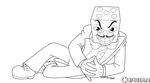  2017 4_fingers animate_inanimate biped black_and_white bow_tie button_(fastener) ccgw clothed clothing cuphead_(game) dice digital_drawing_(artwork) digital_media_(artwork) english_text evil_grin facial_hair footwear front_view full-length_portrait gloves humanoid humanoid_hands interlocked_fingers king_dice line_art looking_at_viewer lying male monochrome mustache not_furry object_head on_side pants portrait pose shoes simple_background smile solo spotted_body style_parody suit text toony white_background 