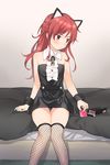  bangs bare_shoulders black_dress black_legwear blush chigusa_asuha closed_mouth commentary_request condom condom_box detached_collar dress eyebrows_visible_through_hair fishnet_legwear fishnets indoors knees_together_feet_apart long_hair on_bed over-kneehighs qualidea_code red_eyes red_hair sekiya_asami short_dress sitting sitting_on_bed solo swept_bangs thighhighs thighs tsurime wrist_cuffs 