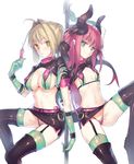  arm_up bangs bikini black_bow black_legwear black_skirt blonde_hair blue_eyes blush bow braid closed_mouth commentary cosplay dragon_tail elizabeth_bathory_(fate) elizabeth_bathory_(fate)_(all) eyebrows_visible_through_hair fate/extra fate/extra_ccc fate/grand_order fate_(series) florence_nightingale_(fate/grand_order) florence_nightingale_(fate/grand_order)_(cosplay) french_braid gloves green_bikini green_eyes green_gloves grey_background hair_bow hair_bun hair_intakes horns lingerie long_hair looking_at_viewer miniskirt multiple_girls nero_claudius_(fate) nero_claudius_(fate)_(all) panties pencil_skirt pink_hair pointy_ears ritsuki shrug_(clothing) sidelocks simple_background skirt smile swimsuit syringe tail thighhighs trick_or_treatment two_side_up underwear 