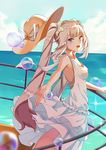  :d blue_eyes blush breasts bubble dress fate/grand_order fate_(series) hair_ribbon hat hat_removed headwear_removed long_hair looking_at_viewer marie_antoinette_(fate/grand_order) marie_antoinette_(swimsuit_caster)_(fate) medium_breasts no_bra ocean open_mouth railing ribbon silver_hair smile smile_(mm-l) solo twintails very_long_hair white_dress 