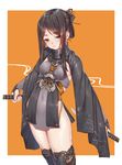  black_hair black_legwear blush breasts brown_eyes closed_mouth cowboy_shot dagger fangxiang_cuoluan folded_ponytail highres holding holding_sword holding_weapon long_sleeves orange_background original sidelocks small_breasts solo sword thick_eyebrows thighhighs thighs unsheathed weapon wide_sleeves 