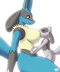  2017 age_difference big_breasts blue_fur breastfeeding breasts cub female fur impious larger_female lucario male nintendo nipple_suck nude older_female pok&eacute;mon pok&eacute;mon_(species) red_eyes riolu simple_background size_difference smaller_male smile sucking video_games young younger_male 