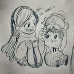  1boy 1girl black_eyes candy chinese_commentary commentary_request crossover food gravity_falls gregory_(over_the_garden_wall) happy long_hair mabel_pines monochrome open_mouth over_the_garden_wall overalls photoshop_(medium) pointing smile teapot text_focus traditional_media twohairs 