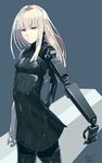  1girl black_bodysuit blame! blue_eyes blunt_bangs bodysuit breasts cibo closed_mouth commentary_request cyberpunk cyborg expressionless highres joints long_hair looking_at_viewer mechanical_arms merooon pale_skin robot_joints silver_hair simple_background single_mechanical_arm small_breasts solo white_hair 