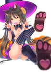  animal_ears bad_id bad_pixiv_id breasts brown_eyes brown_hair candy cat_ears cleavage detached_collar double_v food halloween hat highres lollipop medium_breasts mismatched_legwear mouth_hold original panties pantyshot pantyshot_(sitting) revealing_clothes sakurai_unan simple_background sitting solo striped striped_legwear striped_panties twintails underwear v witch_hat wrist_cuffs 