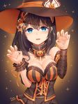  black_hair blue_eyes blush breasts cleavage detached_collar hairband halloween halloween_costume happy_halloween hat highres idolmaster idolmaster_cinderella_girls jack-o'-lantern long_hair medium_breasts open_mouth runamochi sagisawa_fumika sparkle striped witch_hat 