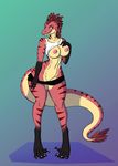  2017 abs abstract_background amber_eyes anthro areola athletic big_breasts black_arms black_claws black_legs black_scales breasts claws clothing dinosaur feather_hair feathered_dinosaur feathers female flashing half-closed_eyes lenalia looking_at_viewer multicolored_scales muscular muscular_female natural_breasts nipples non-mammal_breasts presenting pussy raptor red_body red_feathers red_scales red_tail sanfingulipunrapin scales scalie seductive shirt slit_pupils smile solo spats stripes tail_feathers tan_body tan_scales tan_tail tank_top theropod undressing yellow_eyes 