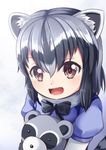  :d animal_ears black_hair bow bowtie brown_eyes commentary common_raccoon_(kemono_friends) dot_nose eyebrows_visible_through_hair fang fur_collar grey_hair hair_between_eyes highres kemono_friends looking_at_viewer medium_hair multicolored_hair open_mouth puffy_short_sleeves puffy_sleeves raccoon raccoon_ears short_sleeves simple_background smile solo upper_body v-shaped_eyebrows white_background yasume_yukito 