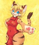  1girl artist_request blonde_hair blue_eyes borrowed_character chinese_clothes fu-chan furry open_mouth short_hair solo tiger 