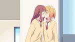  2girls blonde_hair blush canon couple door eyes_closed hair_ornament hairclip kiss long_hair multiple_girls necktie official pigtails pink_hair sakura_trick school_uniform screencap short_hair sonoda_yuu takayama_haruka uniform wall yuri 