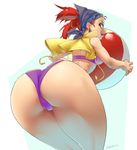  ass ball bandana beachball bikini cameltoe goggles goggles_on_head guppi leaning_forward looking_at_viewer looking_back open_mouth purple_bikini red_hair short_twintails smile solo stormcow swimsuit twintails xtreme_sports 