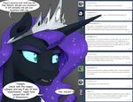  2017 ask_blog blue_eyes book clothing comic crown dialogue english_text equine eyeshadow fangs female friendship_is_magic hair horn makeup mammal mirror my_little_pony nightmare_moon_(mlp) purple_eyes purple_hair question silfoe slit_pupils solo text tumblr unicorn uniform 