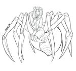  absurdres arachne bangs breasts closed_mouth commentary extra_eyes fang full_body greyscale hair_ribbon hand_on_own_chest hhhori highres insect_girl jacket lineart long_hair looking_at_viewer medium_breasts monochrome monster_girl neck_ribbon original ribbon shorts signature solo spider_girl 
