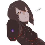  arm_cannon black_hair blame! bodysuit breasts cyborg gun highres kingjaw looking_at_viewer pale_skin sanakan short_hair simple_background solo weapon 