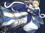  ahoge armor armored_dress artoria_pendragon_(all) blonde_hair blue_cape cape commentary_request excalibur fate/grand_order fate/stay_night fate_(series) gauntlets green_eyes hair_bun hair_ribbon holding holding_sword holding_weapon kinntarou ribbon saber solo sword weapon 